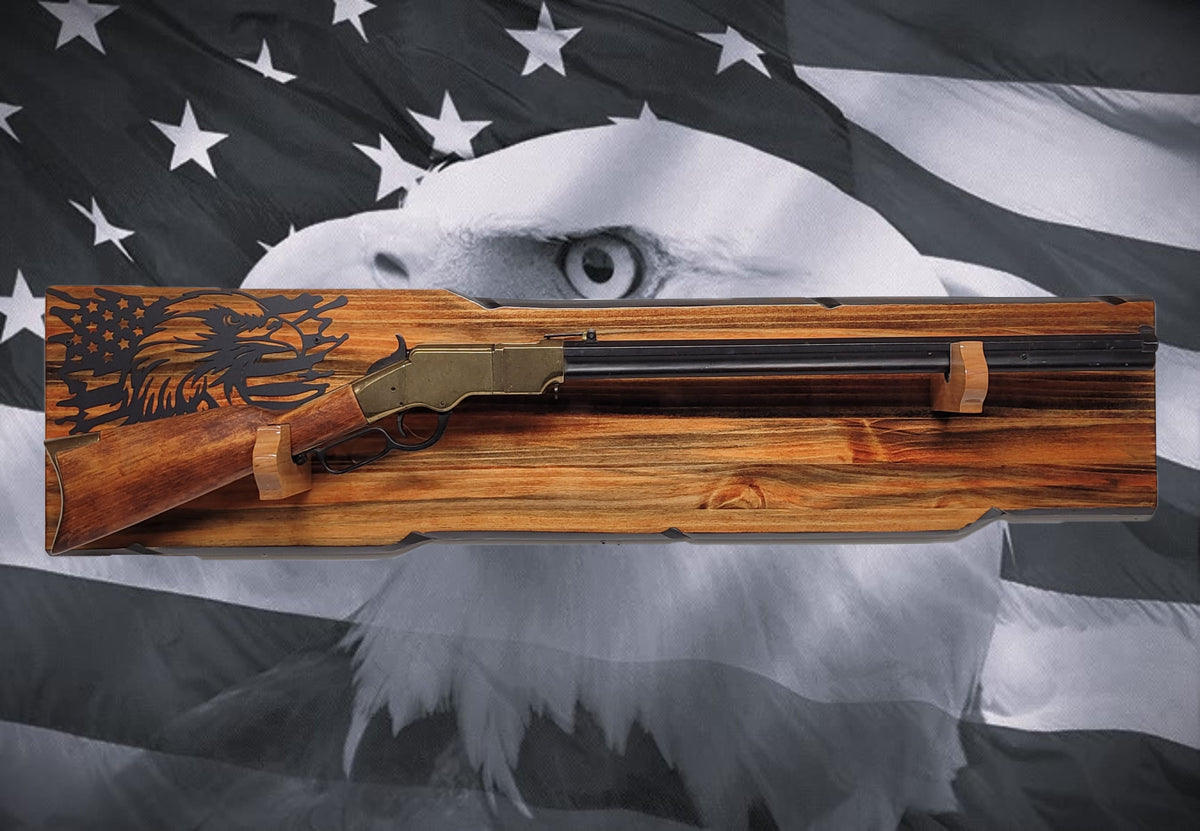 Walker Wood Gifts Gun Display Rustic Lever Action Wall Rifle Display Black Eagle Knotty Pine Faux Live Edge