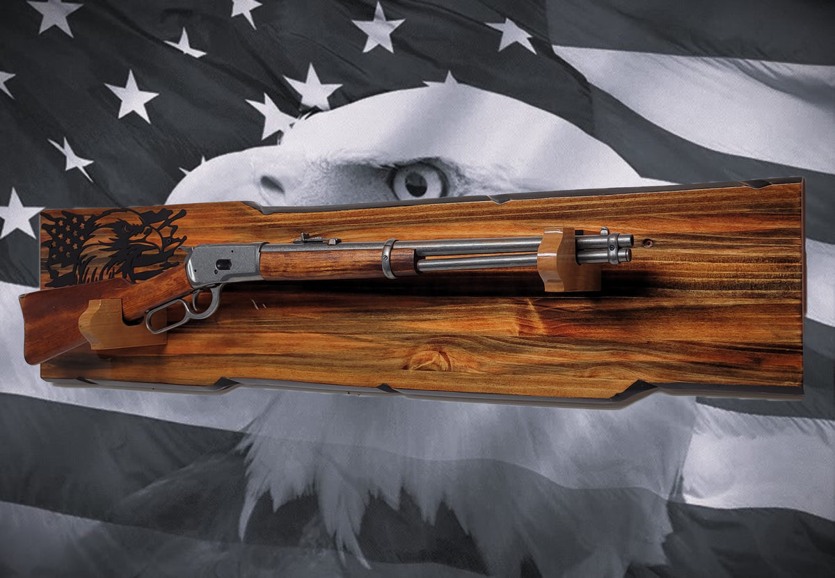 Walker Wood Gifts Gun Display Rustic Lever Action Wall Rifle Display Black Eagle Knotty Pine Faux Live Edge