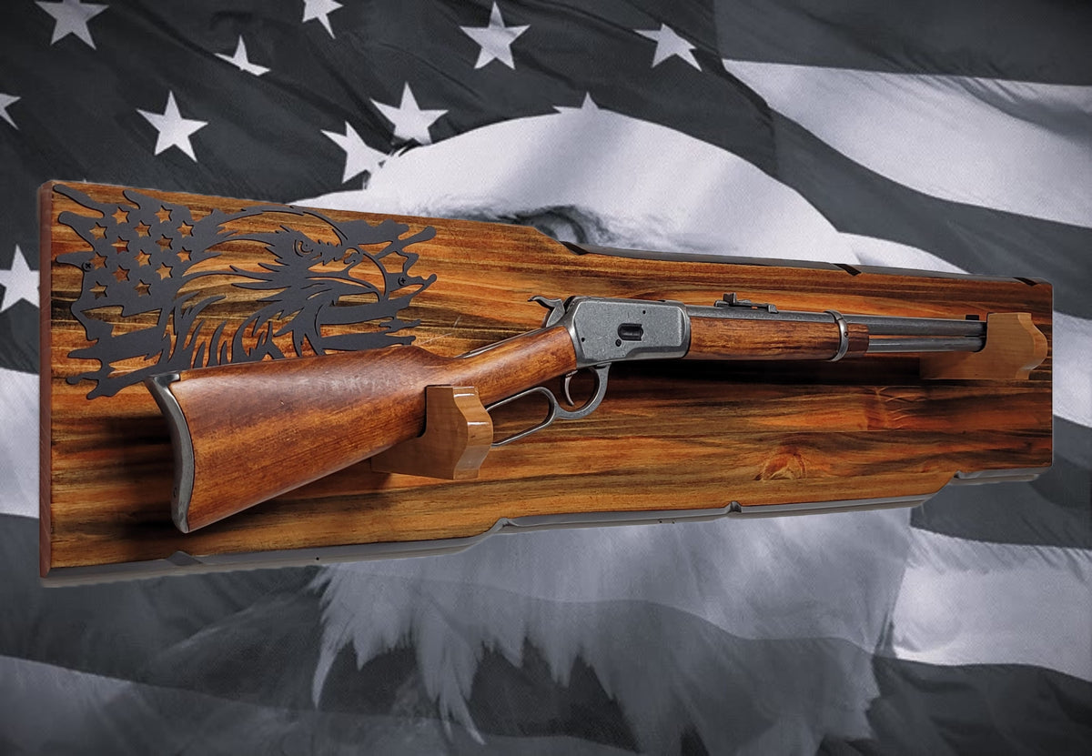Walker Wood Gifts Gun Display Rustic Lever Action Wall Rifle Display Black Eagle Knotty Pine Faux Live Edge