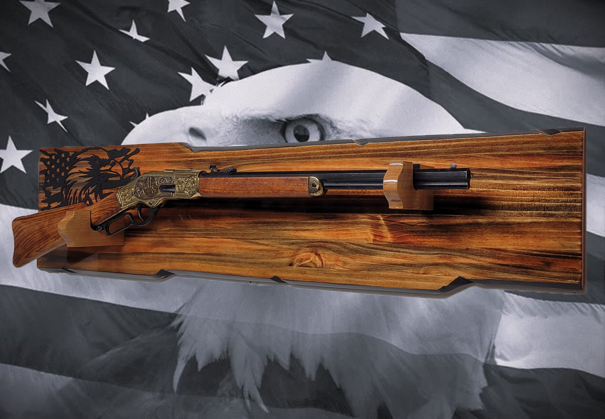 Walker Wood Gifts Gun Display Rustic Lever Action Wall Rifle Display Black Eagle Knotty Pine Faux Live Edge