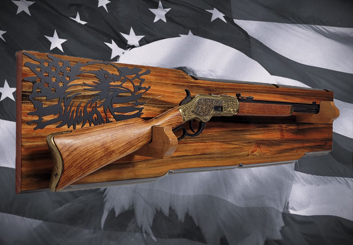 Walker Wood Gifts Gun Display Rustic Lever Action Wall Rifle Display Black Eagle Knotty Pine Faux Live Edge