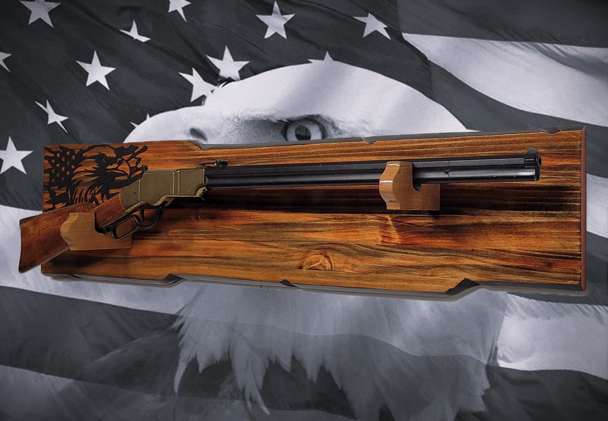 Walker Wood Gifts Gun Display Rustic Lever Action Wall Rifle Display Black Eagle Knotty Pine Faux Live Edge