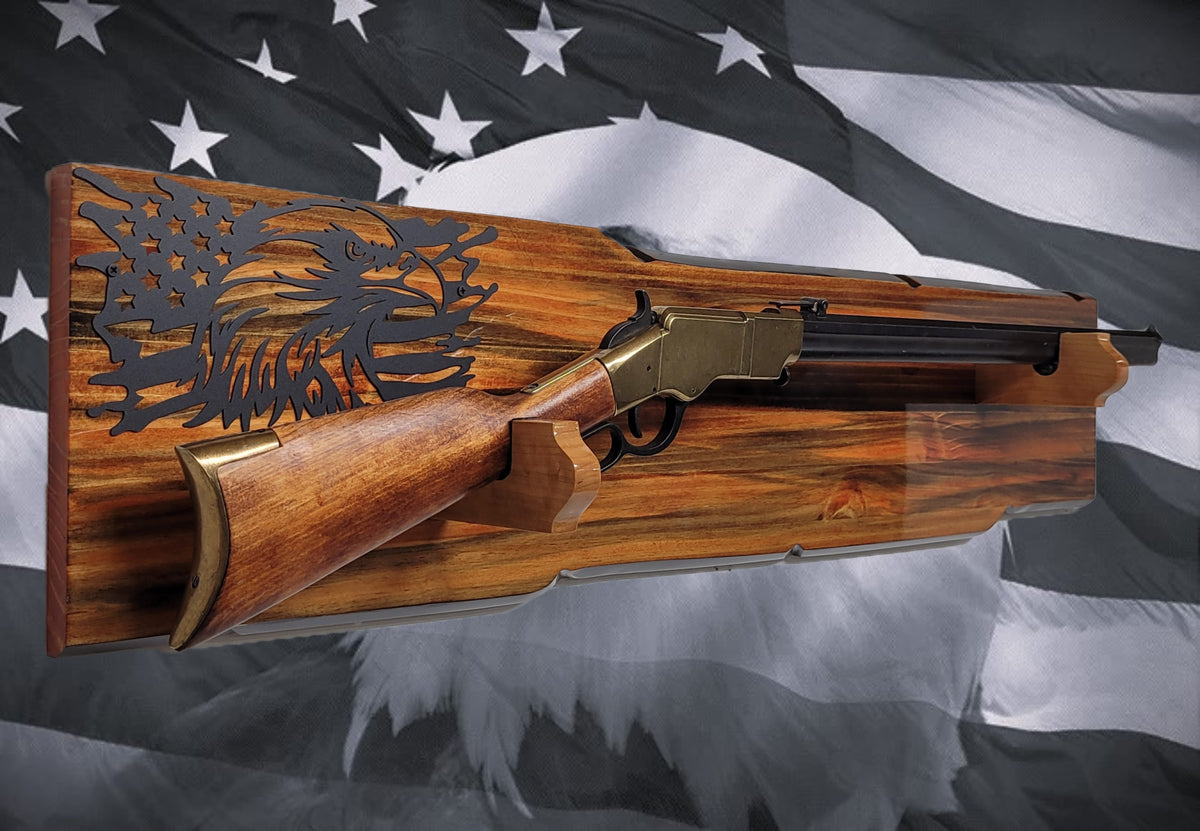 Walker Wood Gifts Gun Display Rustic Lever Action Wall Rifle Display Black Eagle Knotty Pine Faux Live Edge