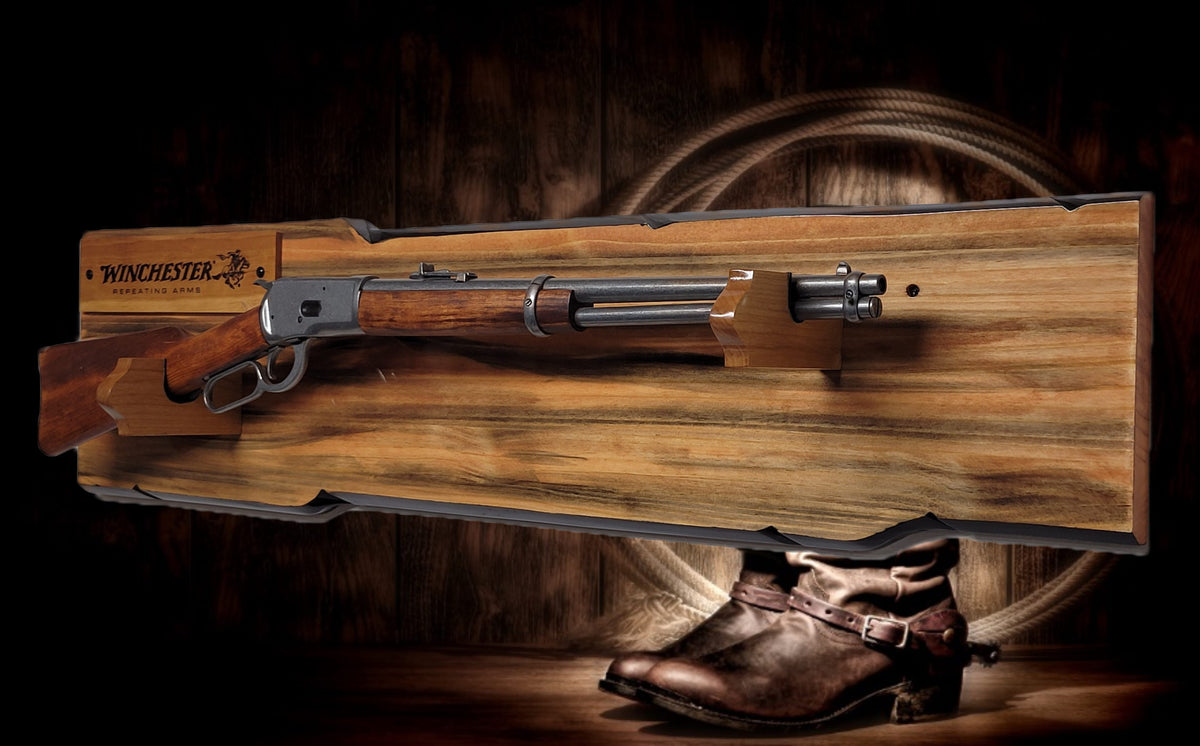 Walker Wood Gifts Gun Display Rustic Lever Action Winchester Rifle Display Faux Live Edge Knotty Pine Wall Decor Gift