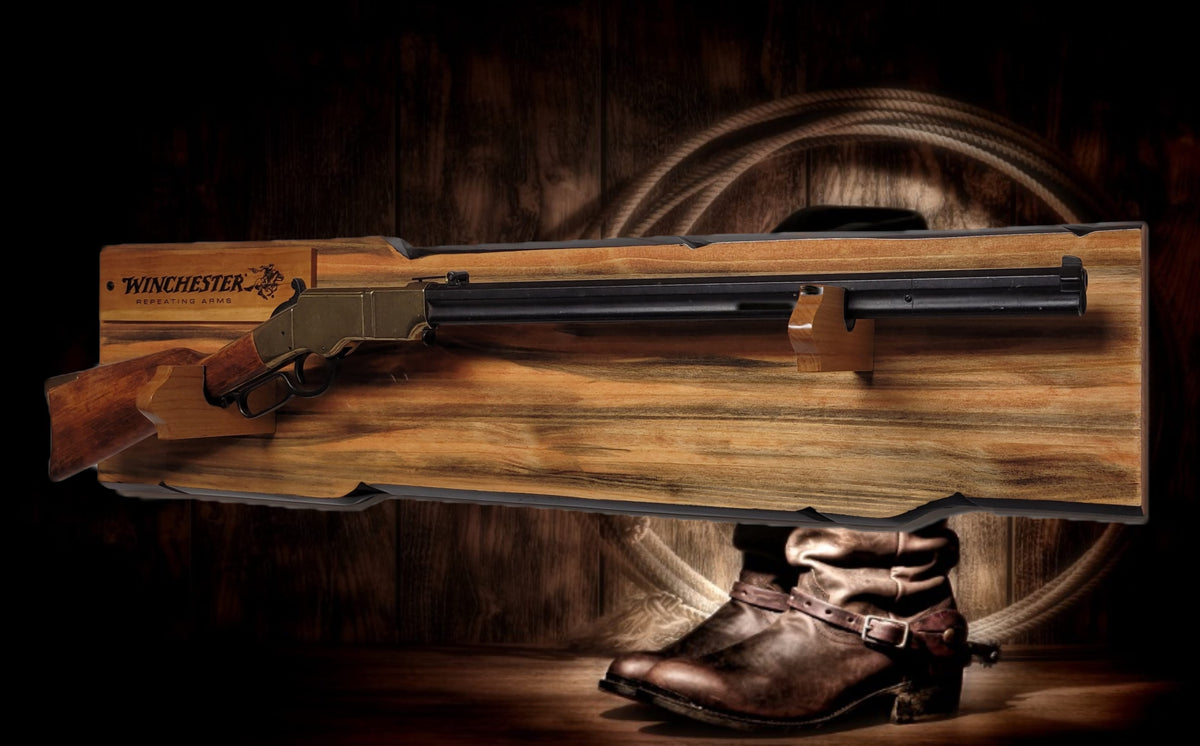 Walker Wood Gifts Gun Display Rustic Lever Action Winchester Rifle Display Faux Live Edge Knotty Pine Wall Decor Gift