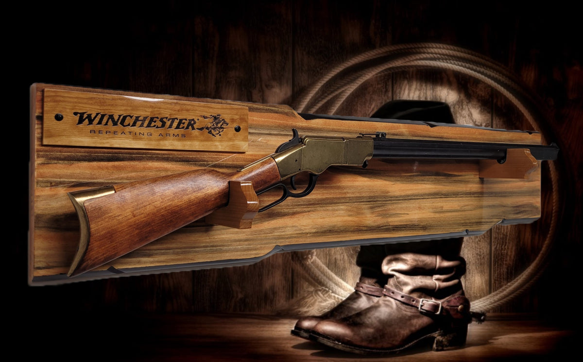 Walker Wood Gifts Gun Display Rustic Lever Action Winchester Rifle Display Faux Live Edge Knotty Pine Wall Decor Gift