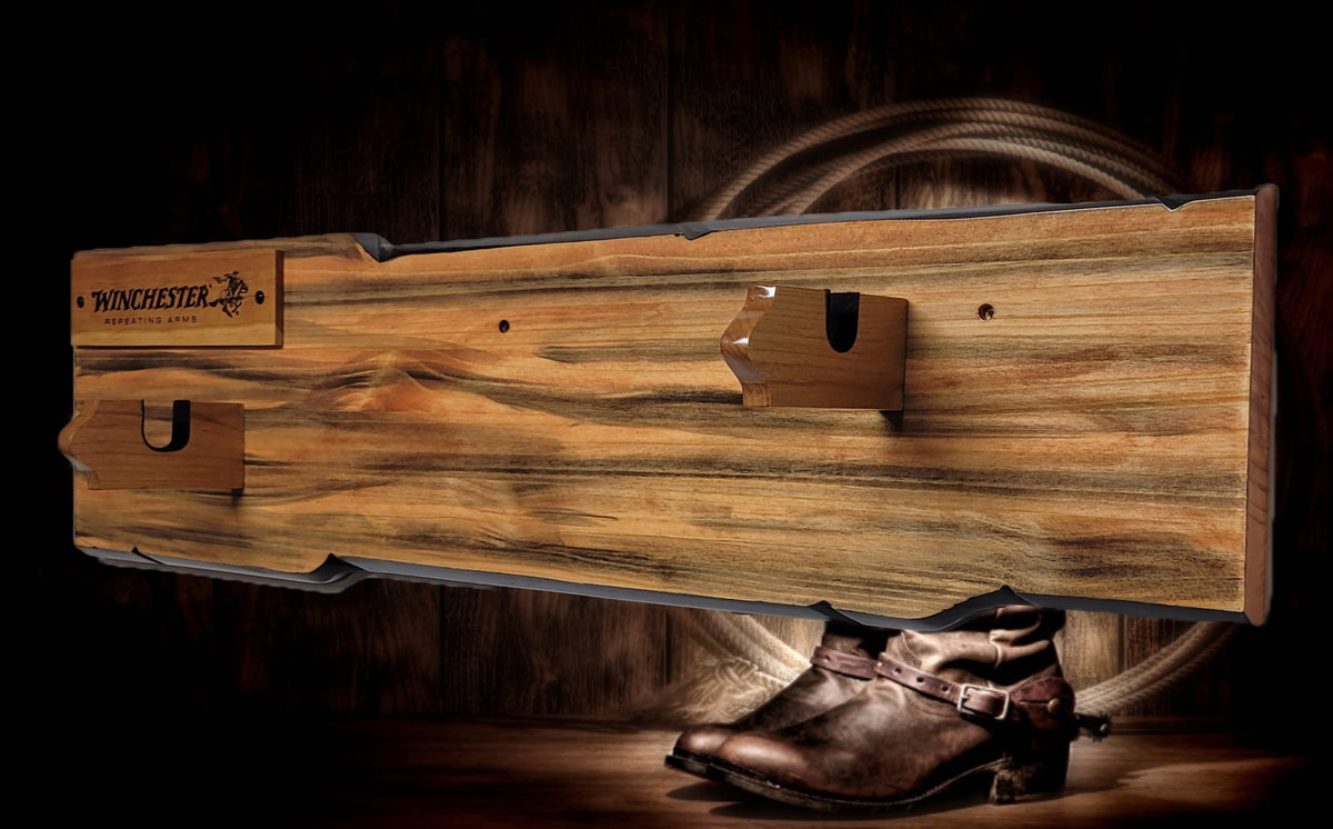 Walker Wood Gifts Gun Display Rustic Lever Action Winchester Rifle Display Faux Live Edge Knotty Pine Wall Decor Gift