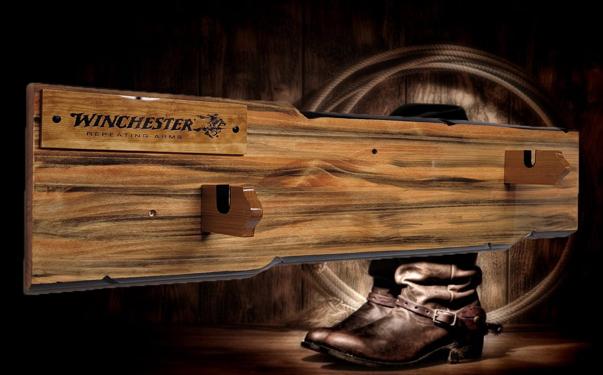 Walker Wood Gifts Gun Display Rustic Lever Action Winchester Rifle Display Faux Live Edge Knotty Pine Wall Decor Gift