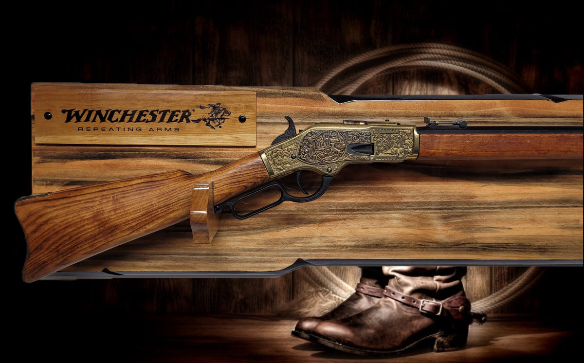 Walker Wood Gifts Gun Display Rustic Lever Action Winchester Rifle Display Faux Live Edge Knotty Pine Wall Decor Gift