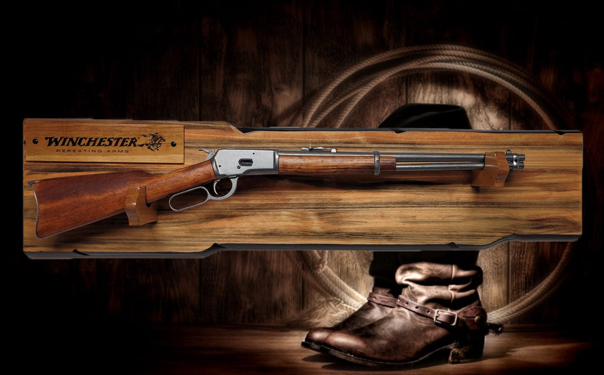 Walker Wood Gifts Gun Display Rustic Lever Action Winchester Rifle Display Faux Live Edge Knotty Pine Wall Decor Gift