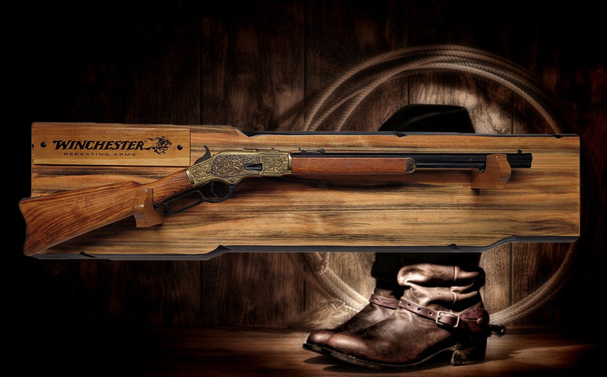 Walker Wood Gifts Gun Display Rustic Lever Action Winchester Rifle Display Faux Live Edge Knotty Pine Wall Decor Gift