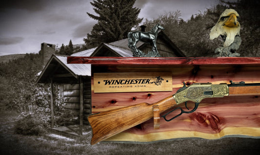 Walker Wood Gifts Gun Display Rustic Live Edge Lever Action Winchester Red Cedar Rifle Display with Shelf Perfect for a Western Farmhouse Gift