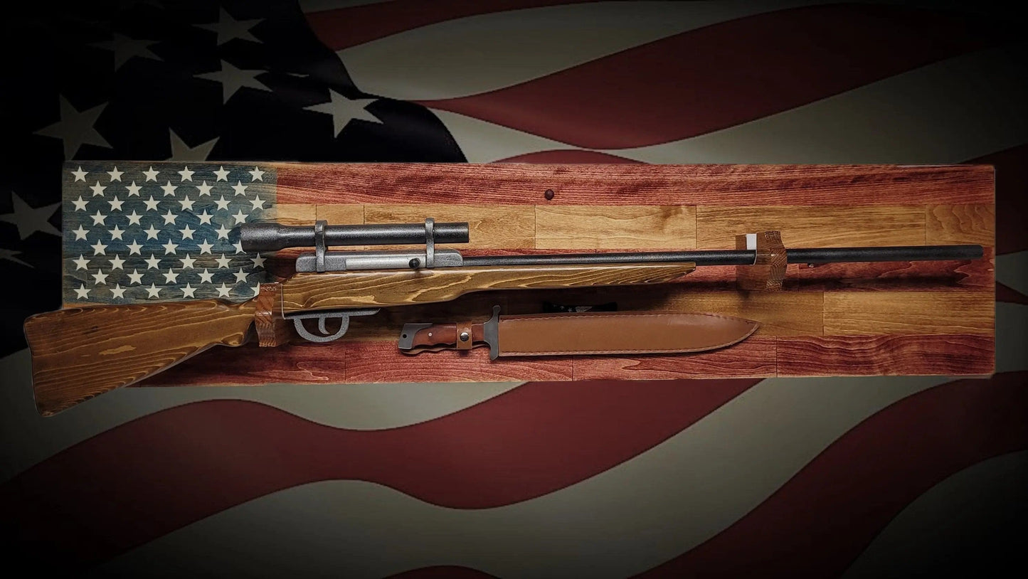Walker Wood Gifts Gun Display Rustic Old Glory All-Purpose Rifle Display Knife Mount Faux Live Edge Aspen Cabin Décor Perfect Collectors Gift