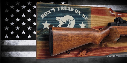 Walker Wood Gifts Gun Display Rustic Old Glory Don't Tread On Me M1 Garand Display Faux Live Edge Knotty Pine Cabin Décor Collectors Gift
