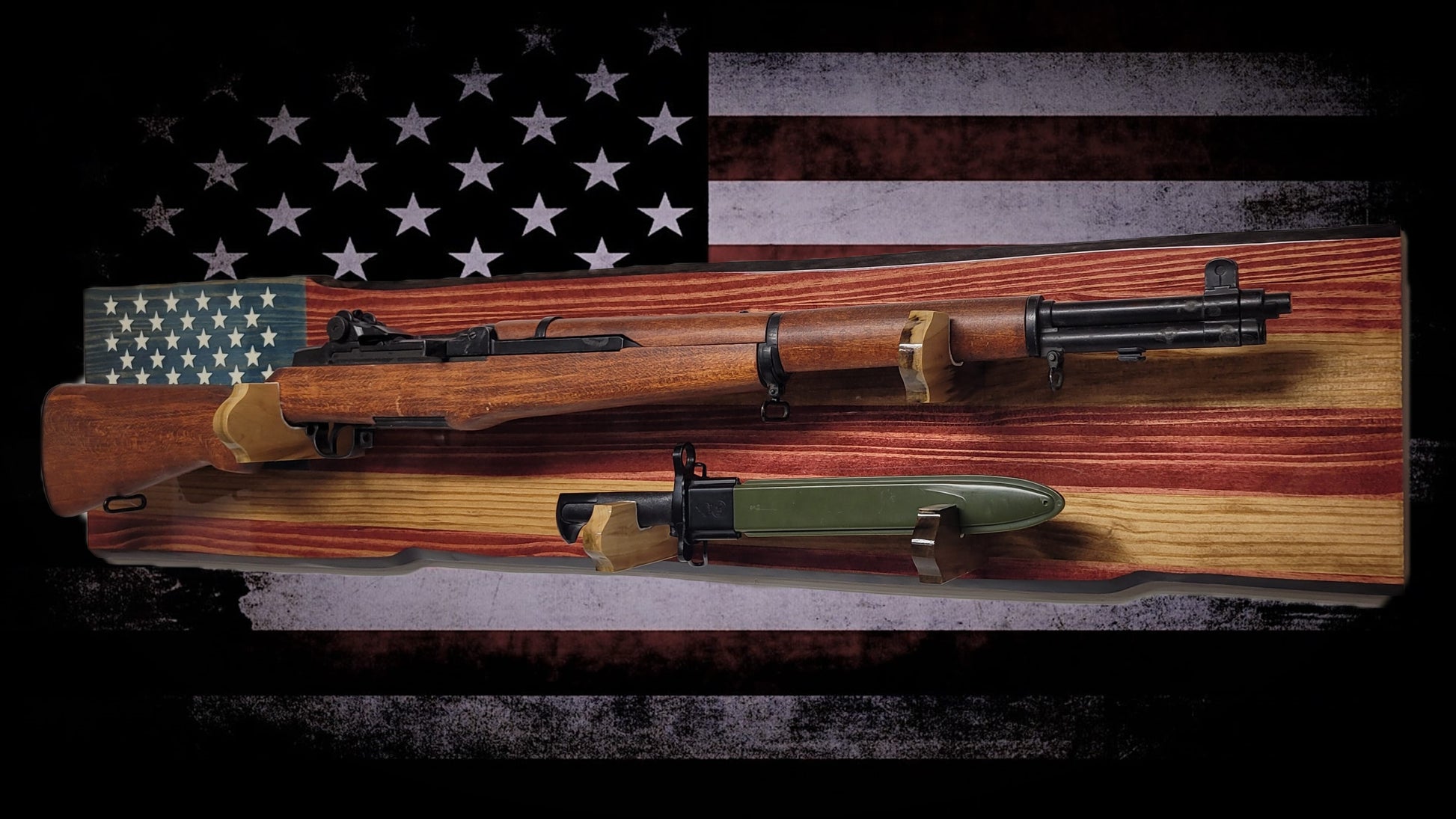 Walker Wood Gifts Gun Display Rustic Old Glory M1 Garand Gun and Knife Display Faux Live Edge Knotty Pine Gift
