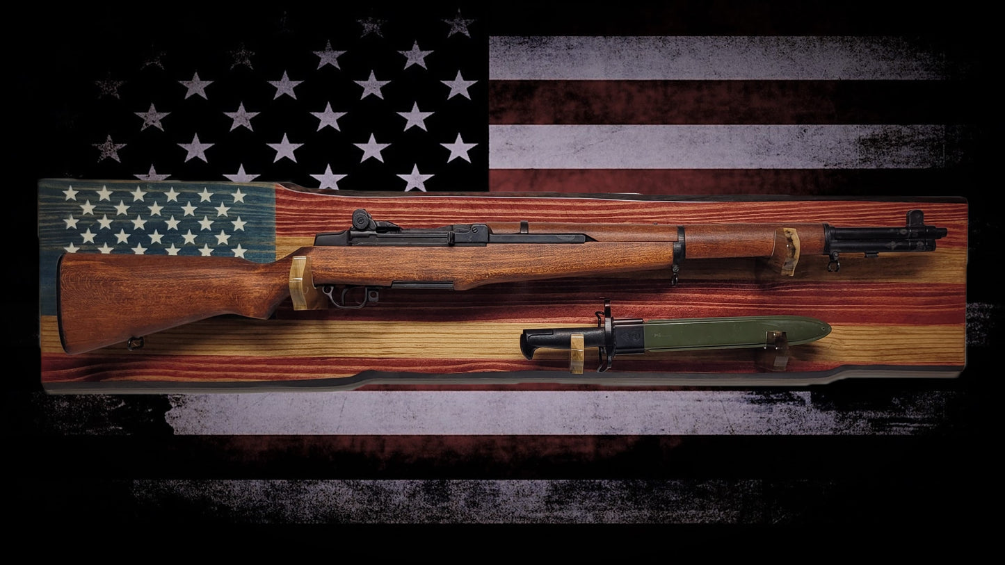 Walker Wood Gifts Gun Display Rustic Old Glory M1 Garand Gun and Knife Display Faux Live Edge Knotty Pine Gift