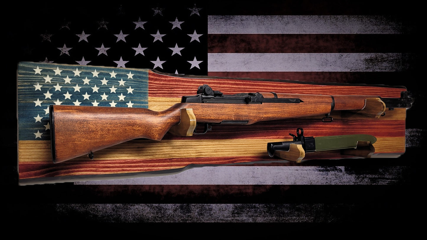 Walker Wood Gifts Gun Display Rustic Old Glory M1 Garand Gun and Knife Display Faux Live Edge Knotty Pine Gift
