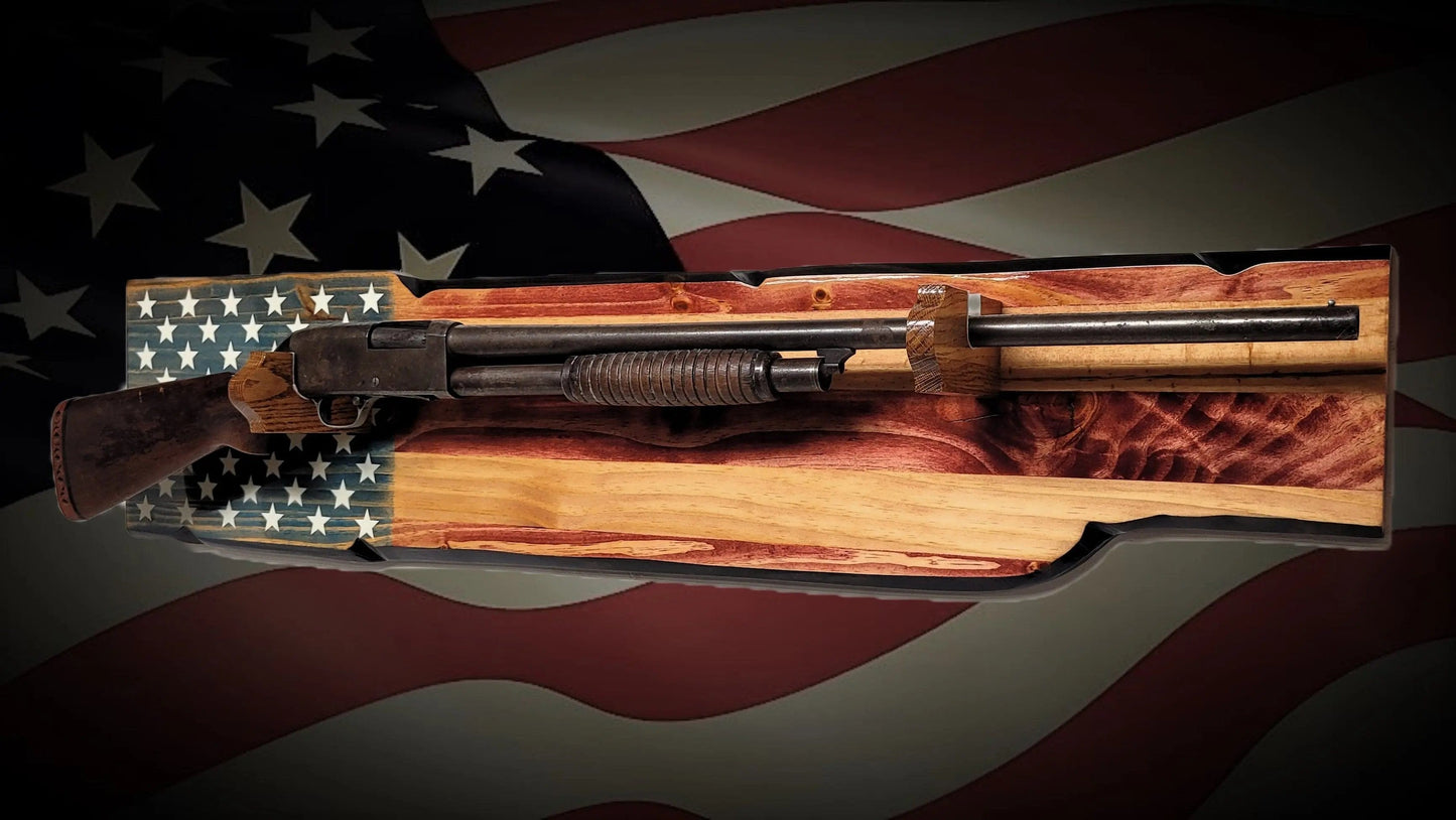 Walker Wood Gifts Gun Display Rustic Old Glory Shotgun Display Faux Live Edge Knotty Pine Cabin Décor Collectors Gift