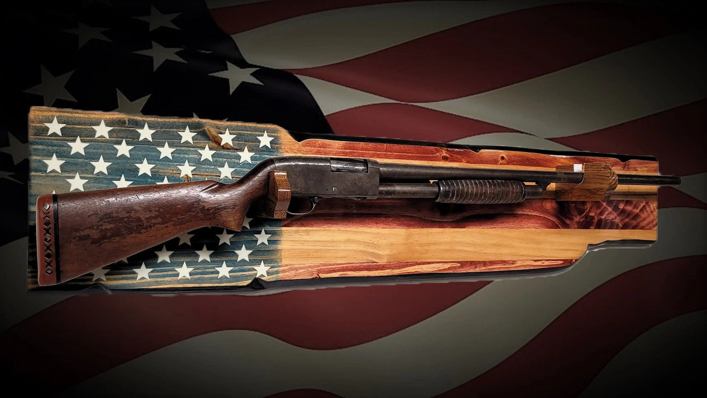 Walker Wood Gifts Gun Display Rustic Old Glory Shotgun Display Faux Live Edge Knotty Pine Cabin Décor Collectors Gift