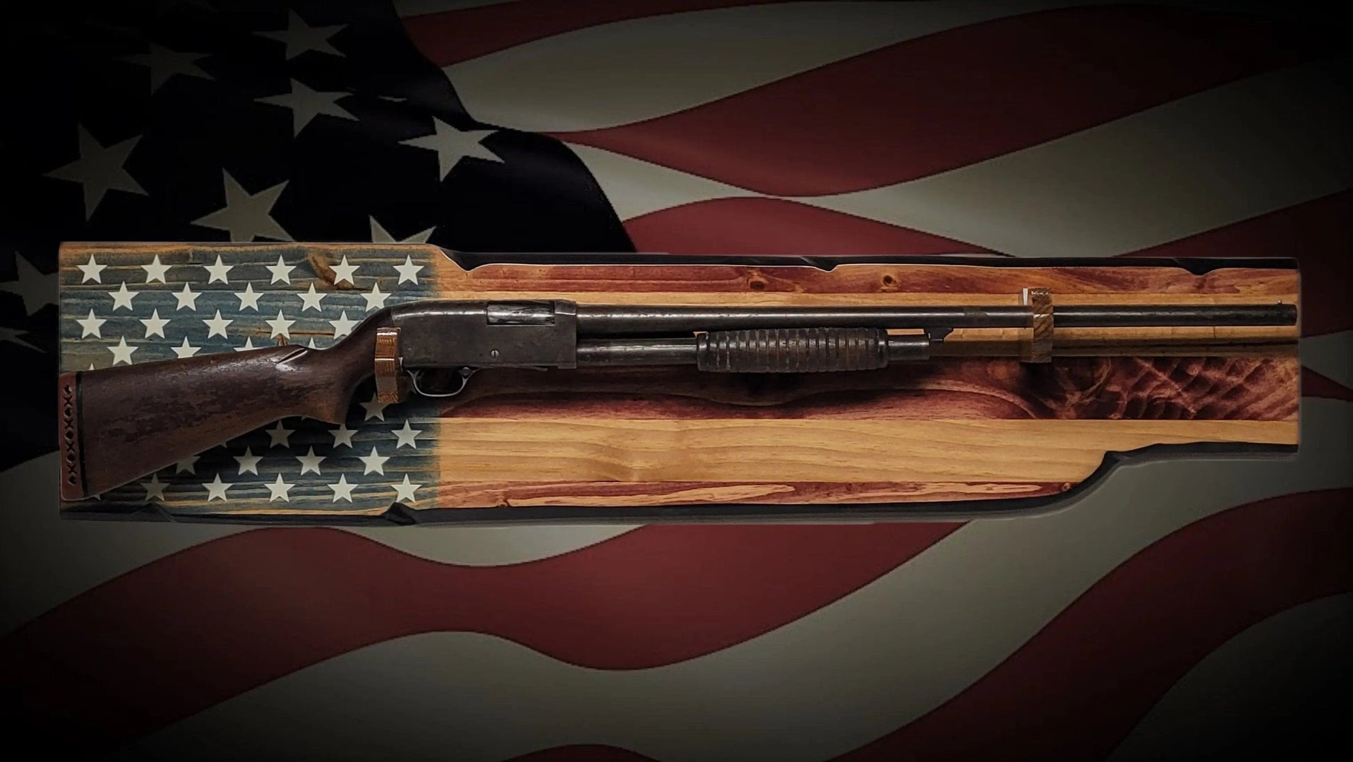 Walker Wood Gifts Gun Display Rustic Old Glory Shotgun Display Faux Live Edge Knotty Pine Cabin Décor Collectors Gift
