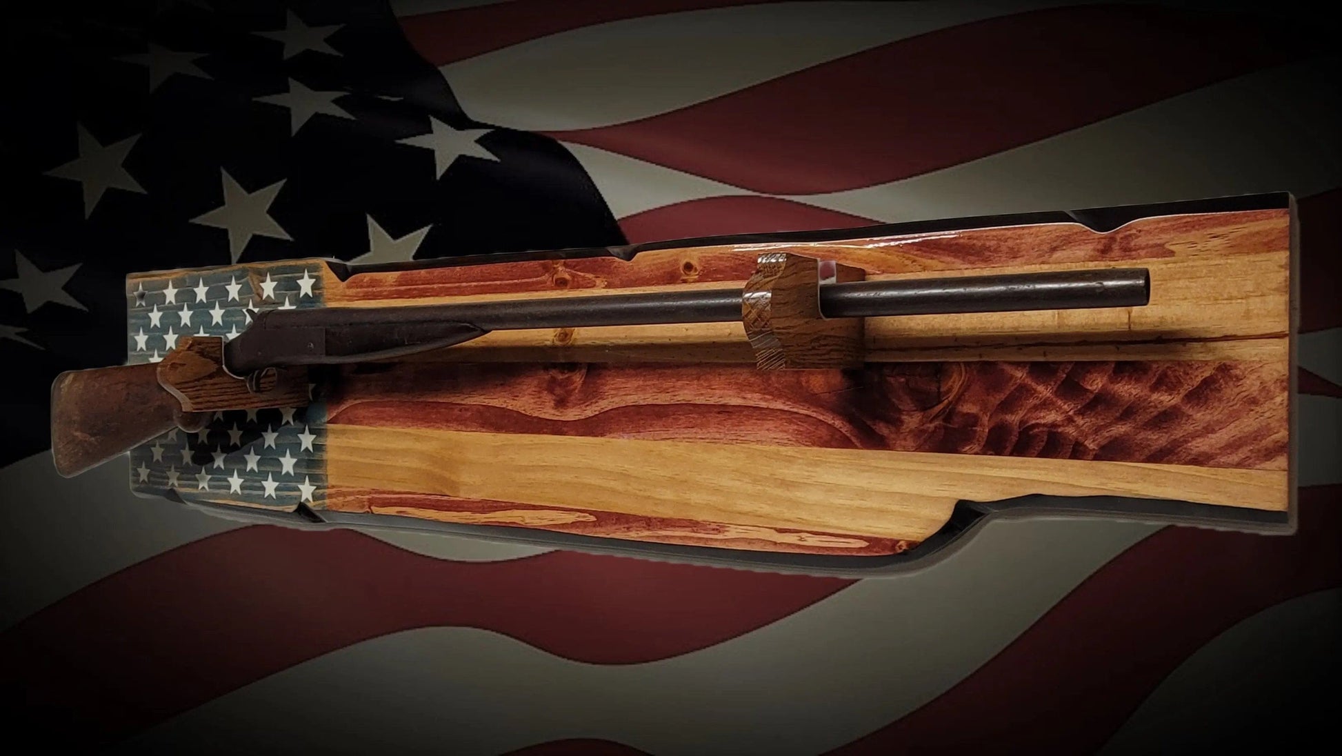 Walker Wood Gifts Gun Display Rustic Old Glory Shotgun Display Faux Live Edge Knotty Pine Cabin Décor Collectors Gift