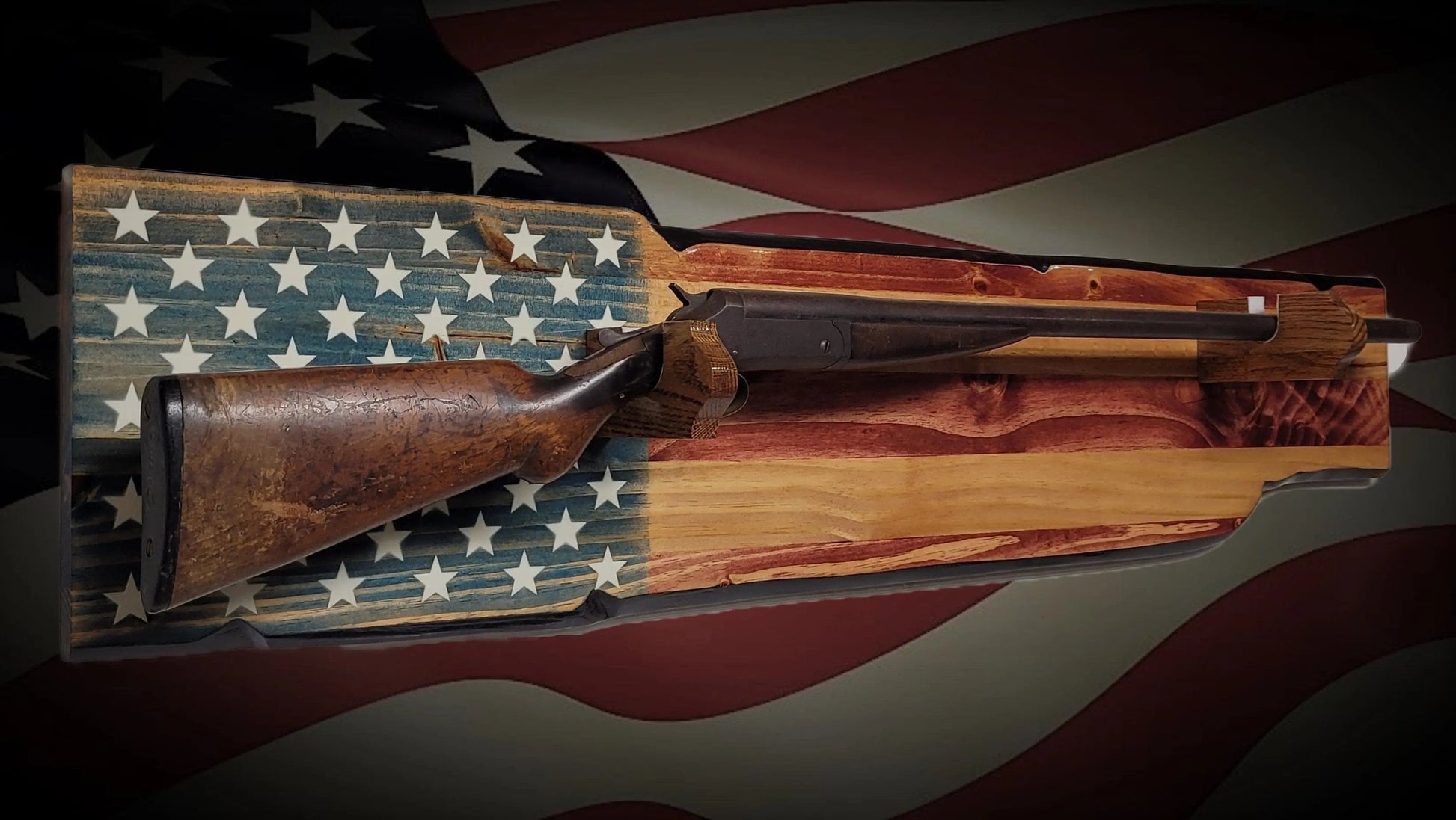 Walker Wood Gifts Gun Display Rustic Old Glory Shotgun Display Faux Live Edge Knotty Pine Cabin Décor Collectors Gift