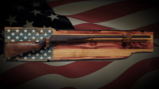 Walker Wood Gifts Gun Display Rustic Old Glory Shotgun Display Faux Live Edge Knotty Pine Cabin Décor Collectors Gift