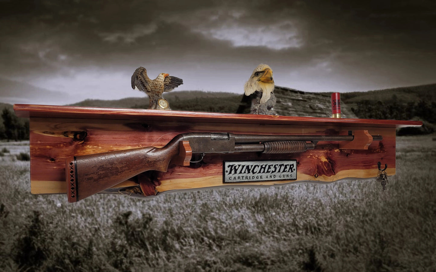 Walker Wood Gifts Gun Display Rustic Winchester Live Edge Red Cedar Wall Display with  Shelf Collector Decor Gift