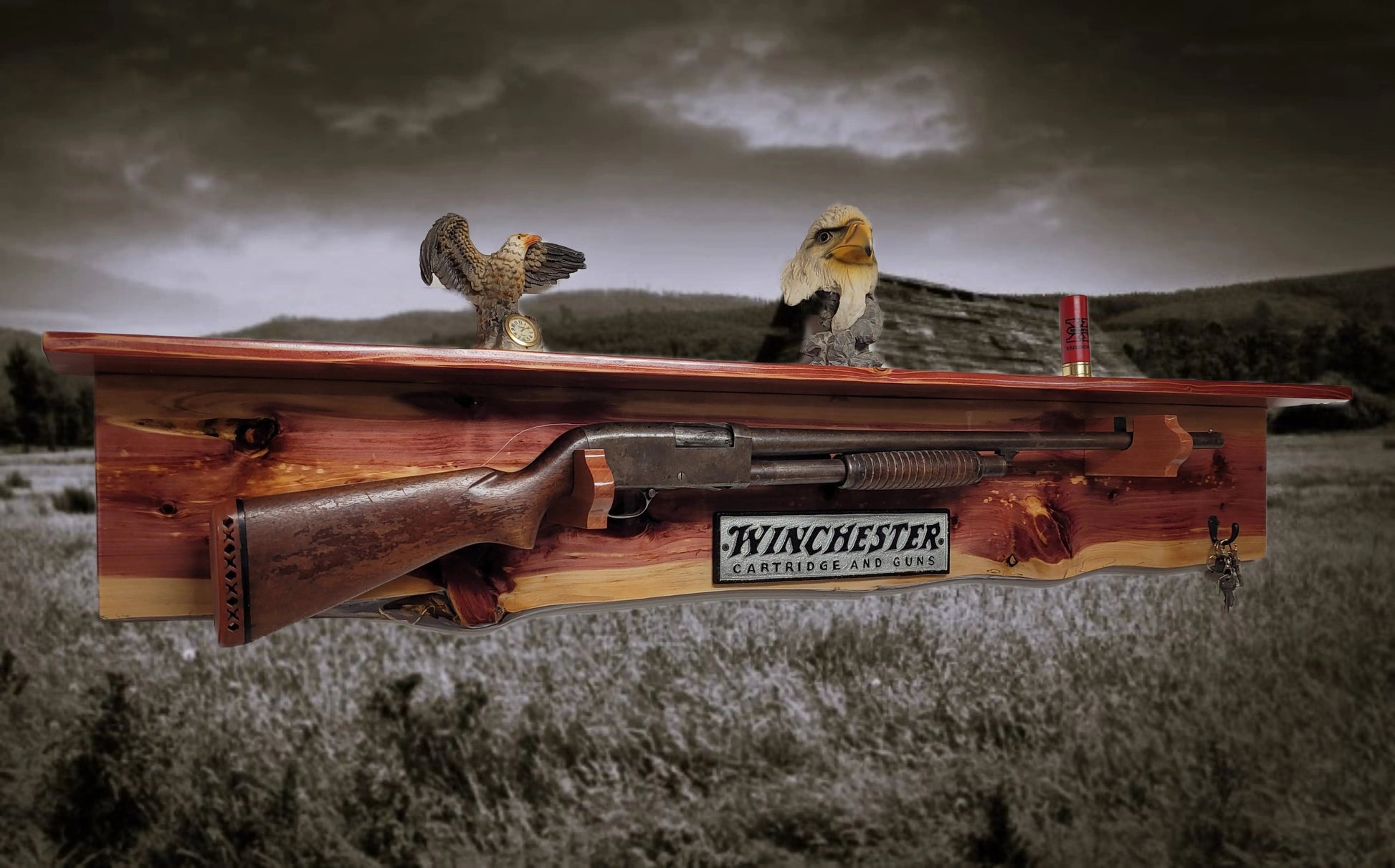 Walker Wood Gifts Gun Display Rustic Winchester Live Edge Red Cedar Wall Display with  Shelf Collector Decor Gift