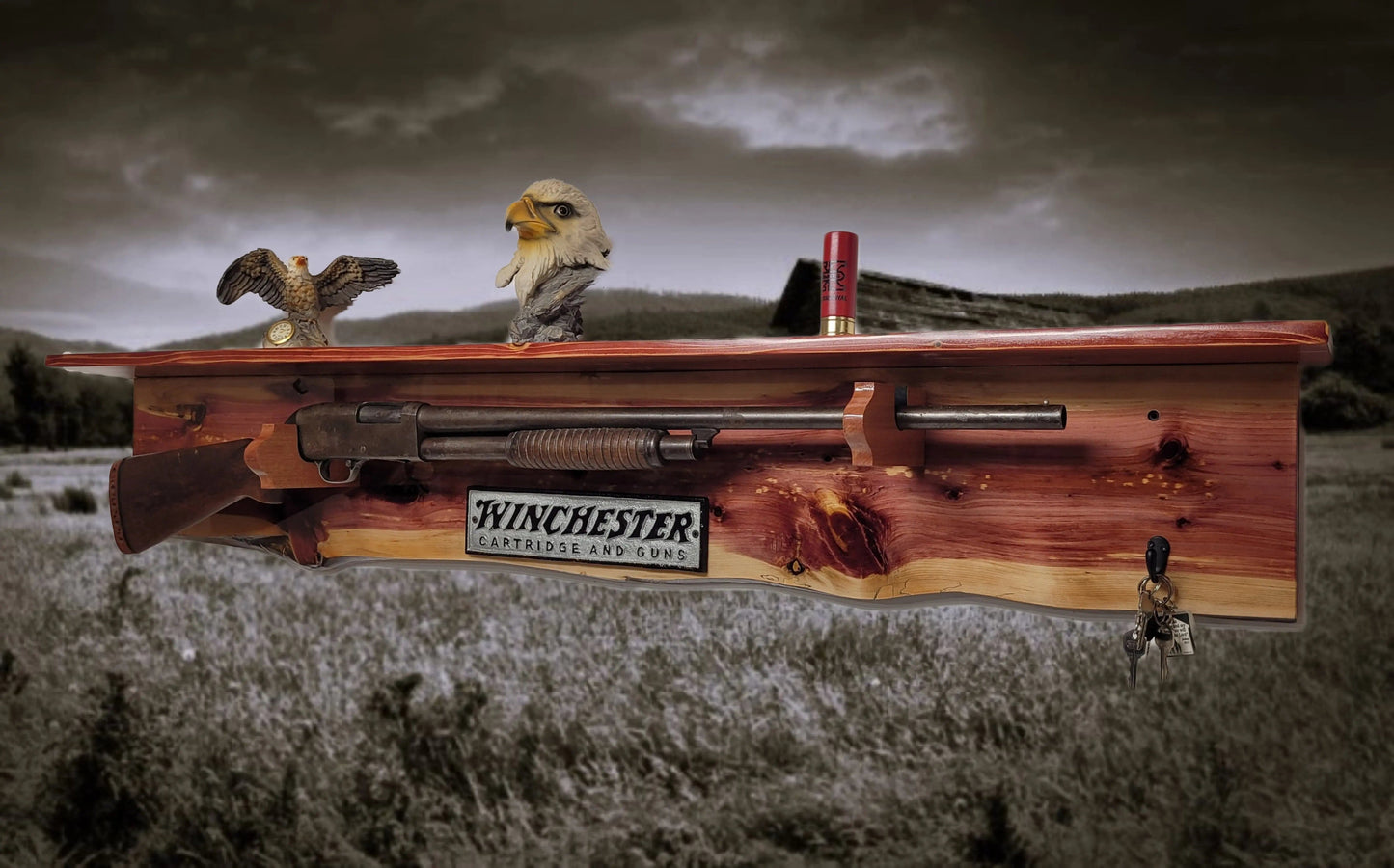 Walker Wood Gifts Gun Display Rustic Winchester Live Edge Red Cedar Wall Display with  Shelf Collector Decor Gift