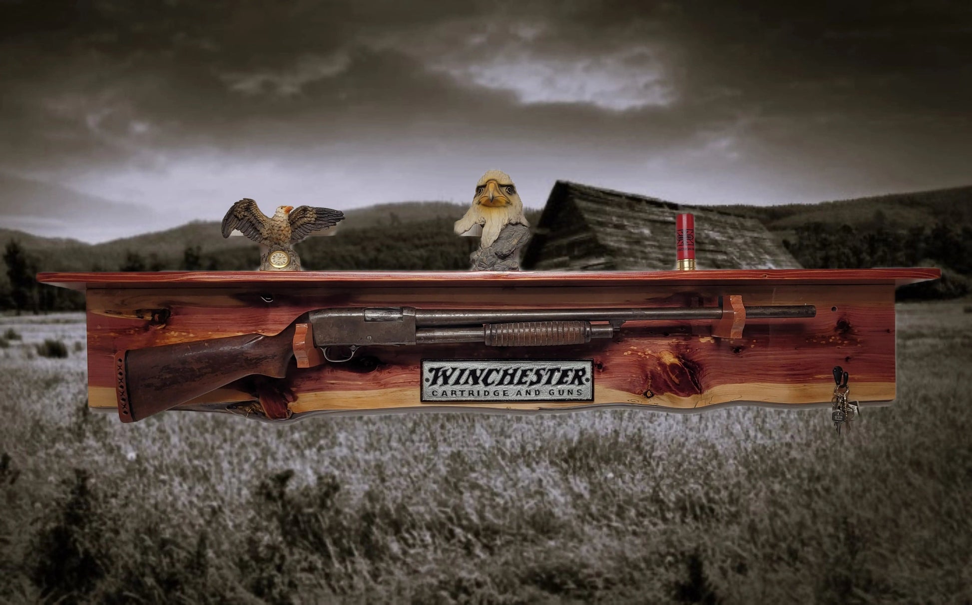 Walker Wood Gifts Gun Display Rustic Winchester Live Edge Red Cedar Wall Display with  Shelf Collector Decor Gift