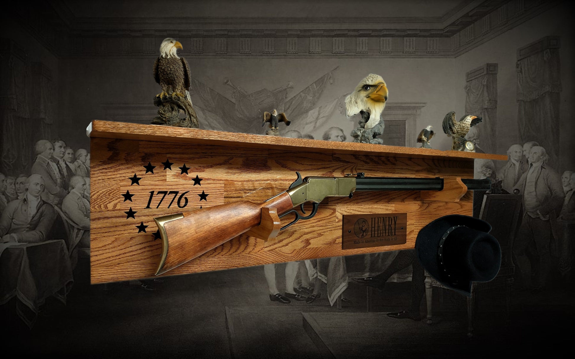 Walker Wood Gifts Gun Display Tradition 1776 Star Henry Lever Action Shelf Rifle Gun Display, Western Farmhouse Gift