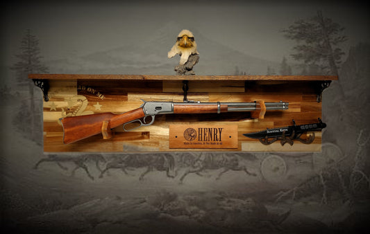 Walker Wood Gifts Gun Display Tradition Don't Tread on Me Lever Action Henry Shelf Acacia Wood Rifle Gun Display, Western Farmhouse Gift