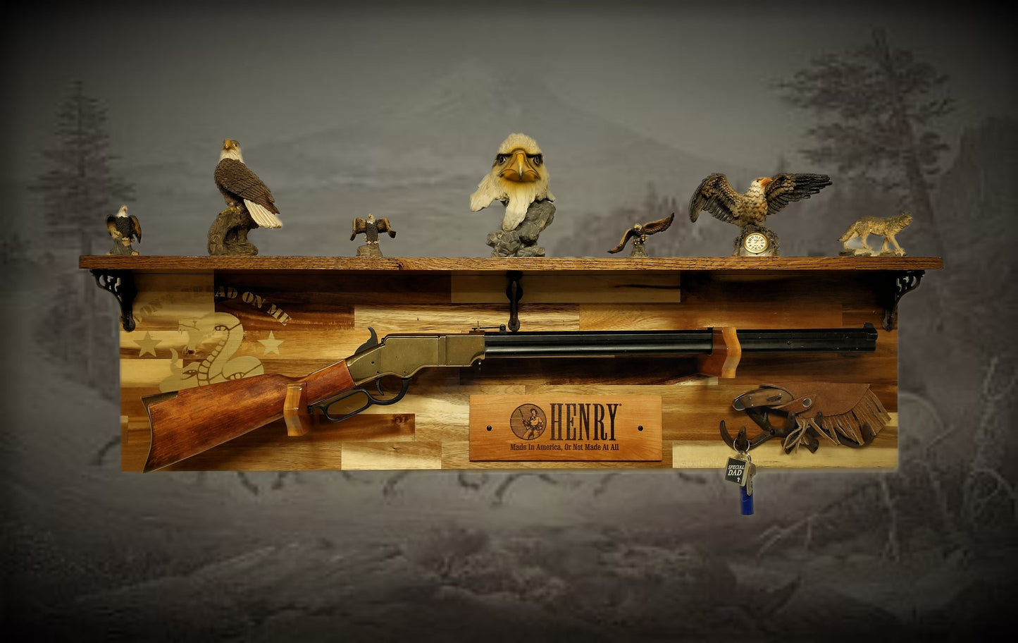 Walker Wood Gifts Gun Display Tradition Don't Tread on Me Lever Action Henry Shelf Acacia Wood Rifle Gun Display, Western Farmhouse Gift