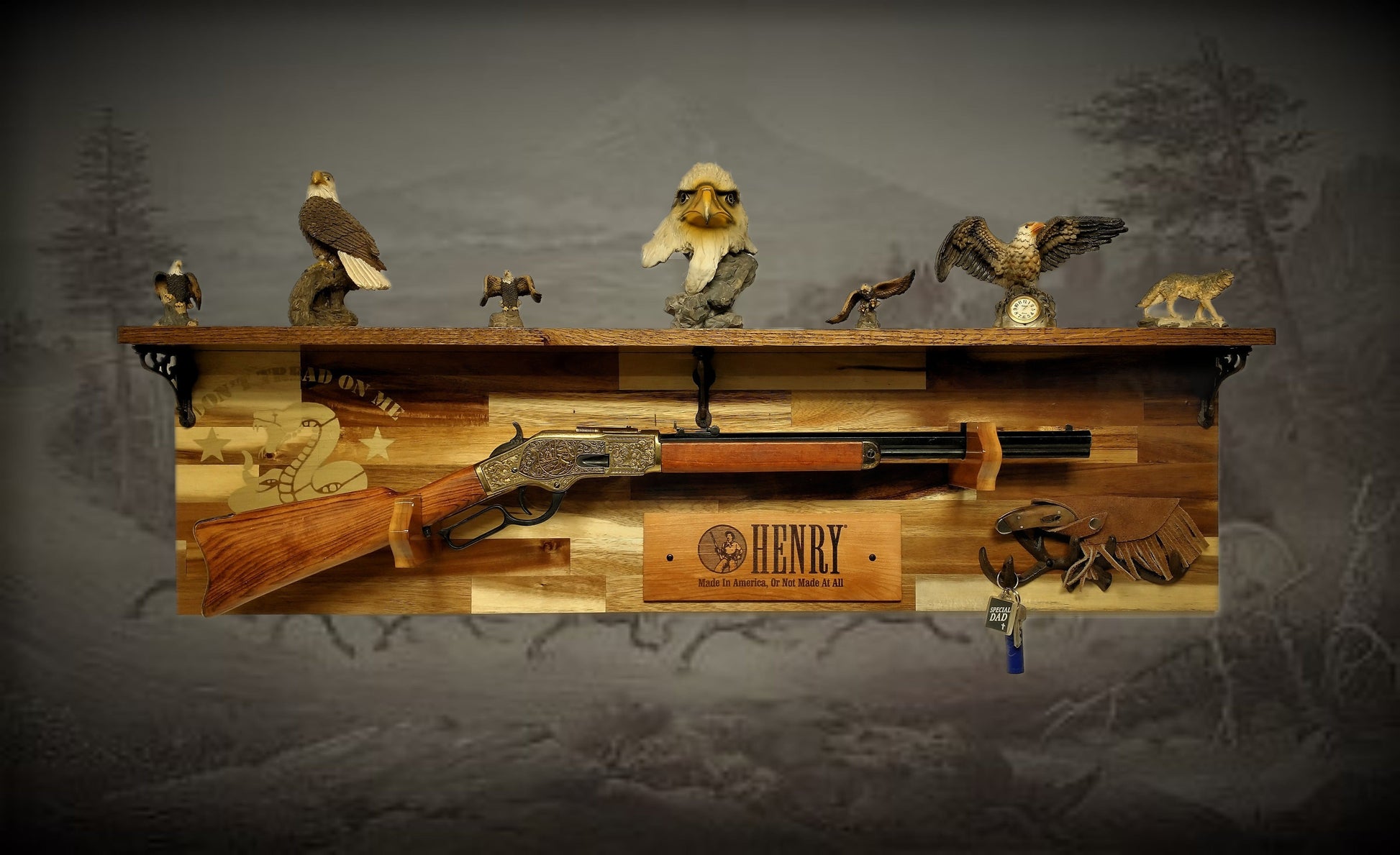 Walker Wood Gifts Gun Display Tradition Don't Tread on Me Lever Action Henry Shelf Acacia Wood Rifle Gun Display, Western Farmhouse Gift