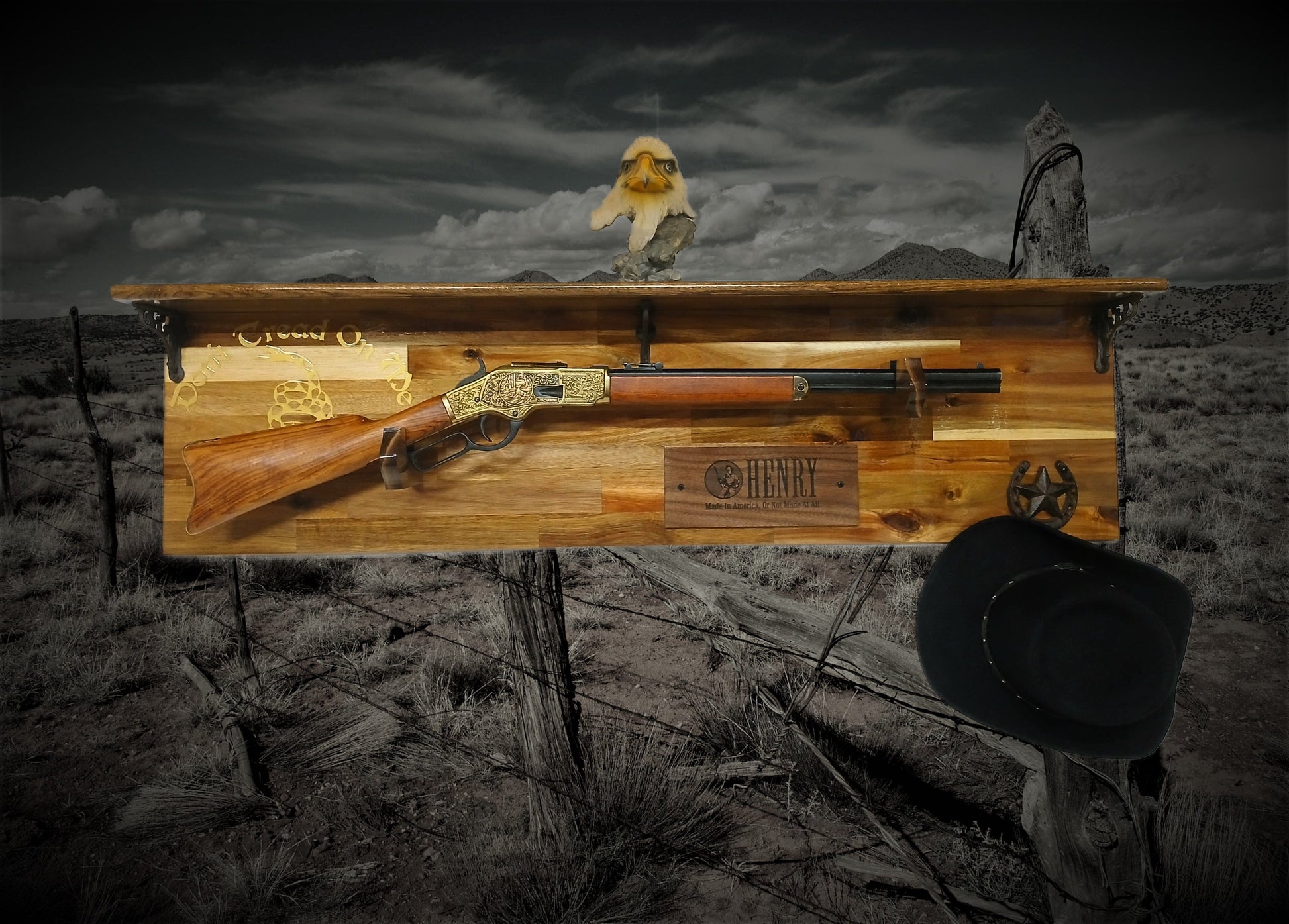 Walker Wood Gifts Gun Display Tradition Henry Don't Tread on Me Lever Action Shelf Acacia Wood Rifle Gun Display, Western Farmhouse Gift