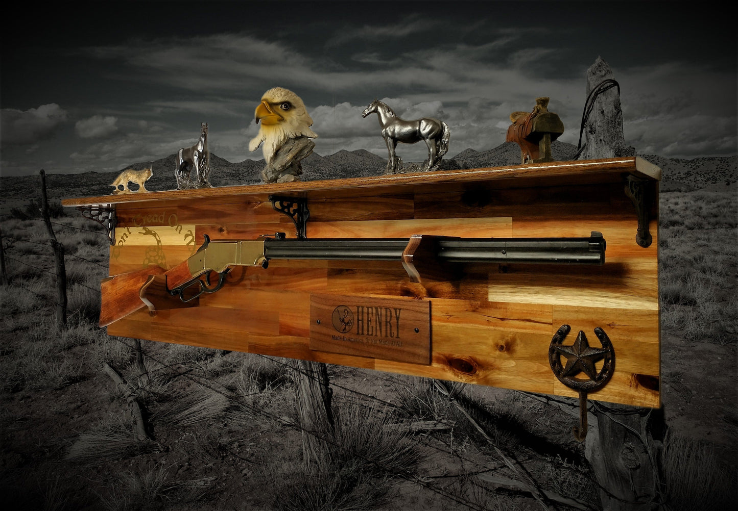 Walker Wood Gifts Gun Display Tradition Henry Don't Tread on Me Lever Action Shelf Acacia Wood Rifle Gun Display, Western Farmhouse Gift