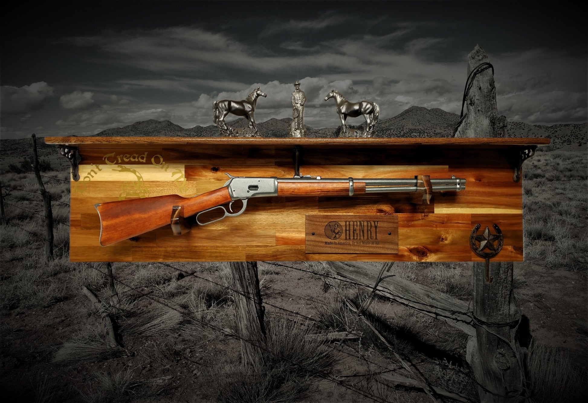 Walker Wood Gifts Gun Display Tradition Henry Don't Tread on Me Lever Action Shelf Acacia Wood Rifle Gun Display, Western Farmhouse Gift