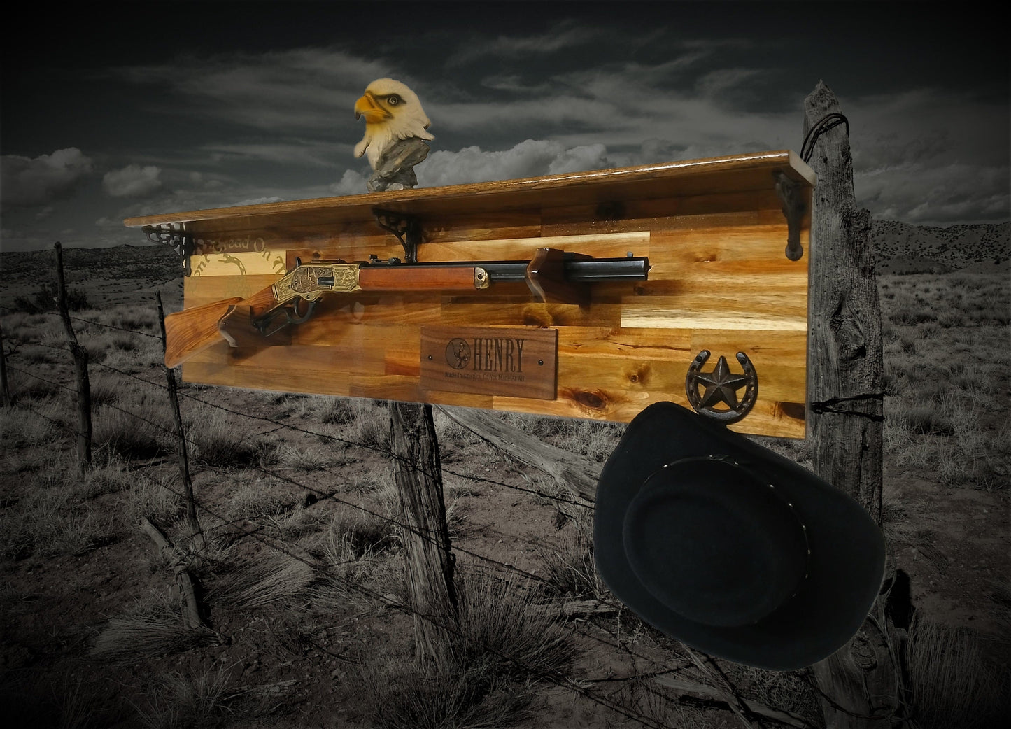 Walker Wood Gifts Gun Display Tradition Henry Don't Tread on Me Lever Action Shelf Acacia Wood Rifle Gun Display, Western Farmhouse Gift