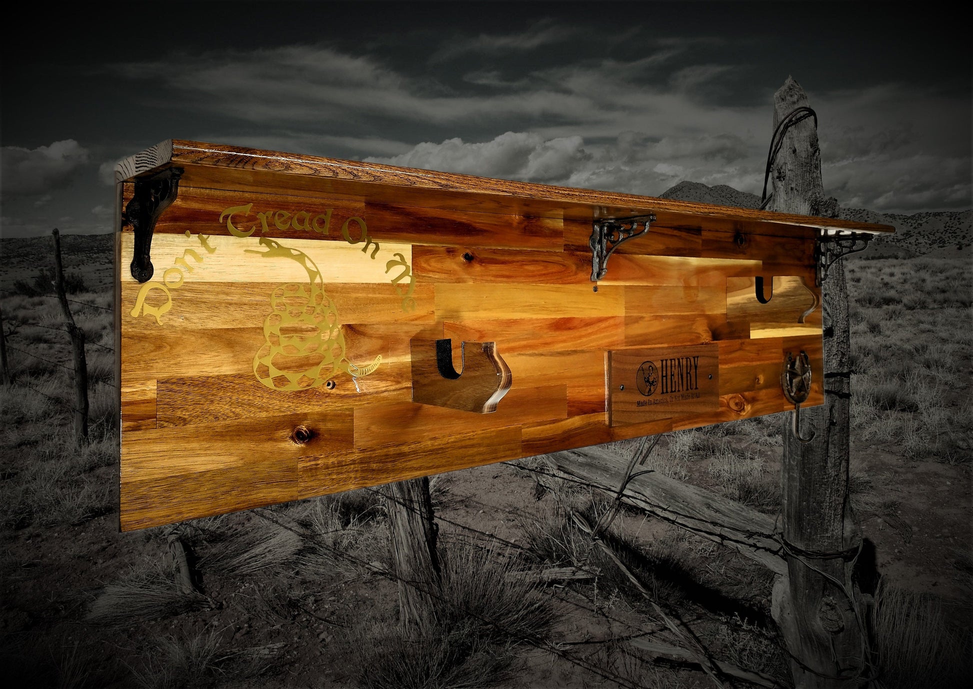 Walker Wood Gifts Gun Display Tradition Henry Don't Tread on Me Lever Action Shelf Acacia Wood Rifle Gun Display, Western Farmhouse Gift