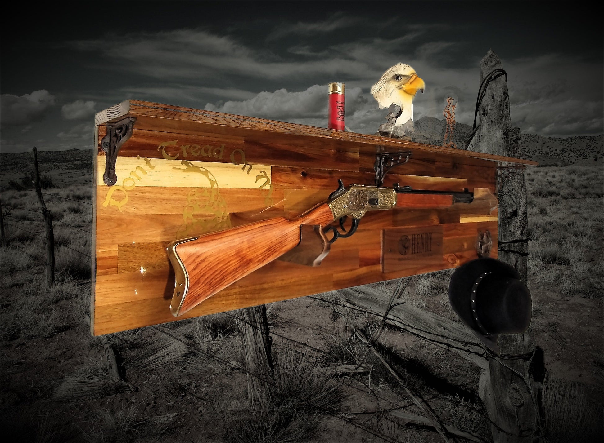 Walker Wood Gifts Gun Display Tradition Henry Don't Tread on Me Lever Action Shelf Acacia Wood Rifle Gun Display, Western Farmhouse Gift