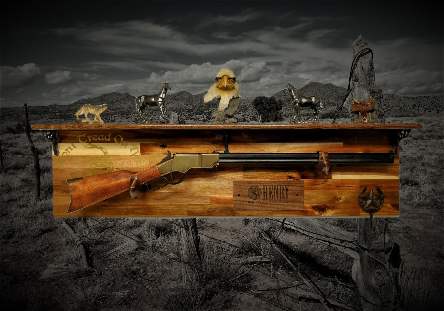 Walker Wood Gifts Gun Display Tradition Henry Don't Tread on Me Lever Action Shelf Acacia Wood Rifle Gun Display, Western Farmhouse Gift