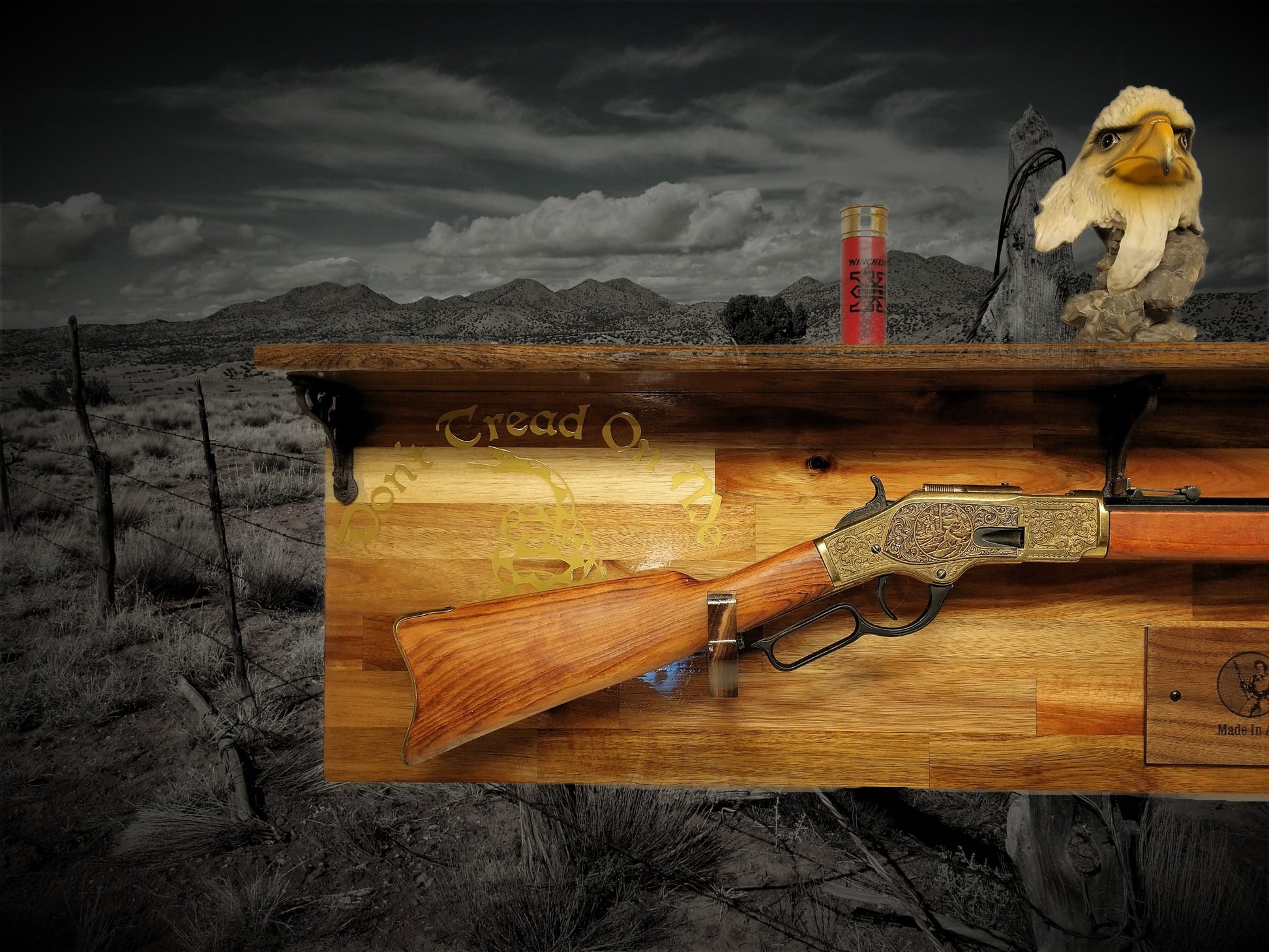 Walker Wood Gifts Gun Display Tradition Henry Don't Tread on Me Lever Action Shelf Acacia Wood Rifle Gun Display, Western Farmhouse Gift