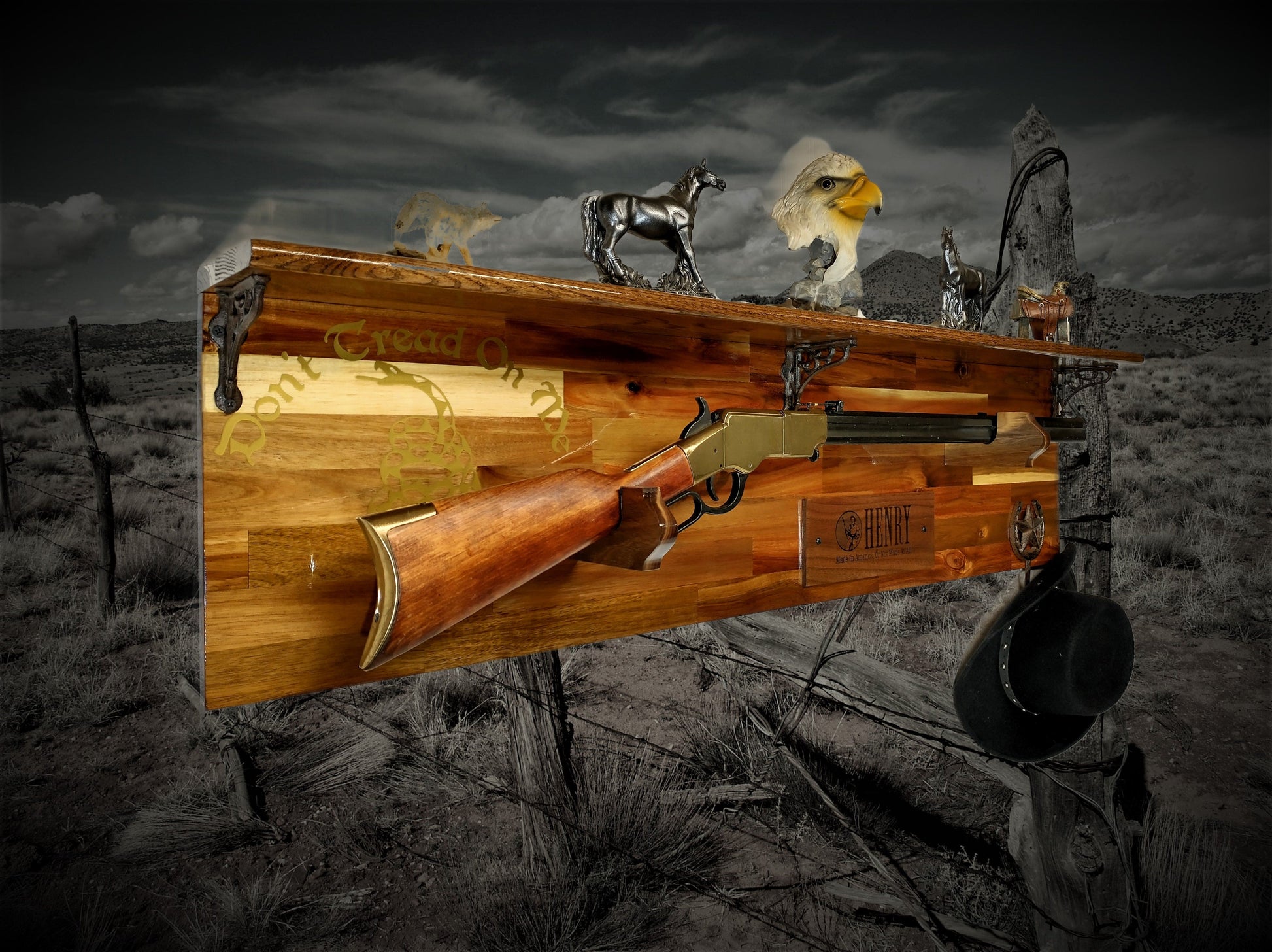 Walker Wood Gifts Gun Display Tradition Henry Don't Tread on Me Lever Action Shelf Acacia Wood Rifle Gun Display, Western Farmhouse Gift