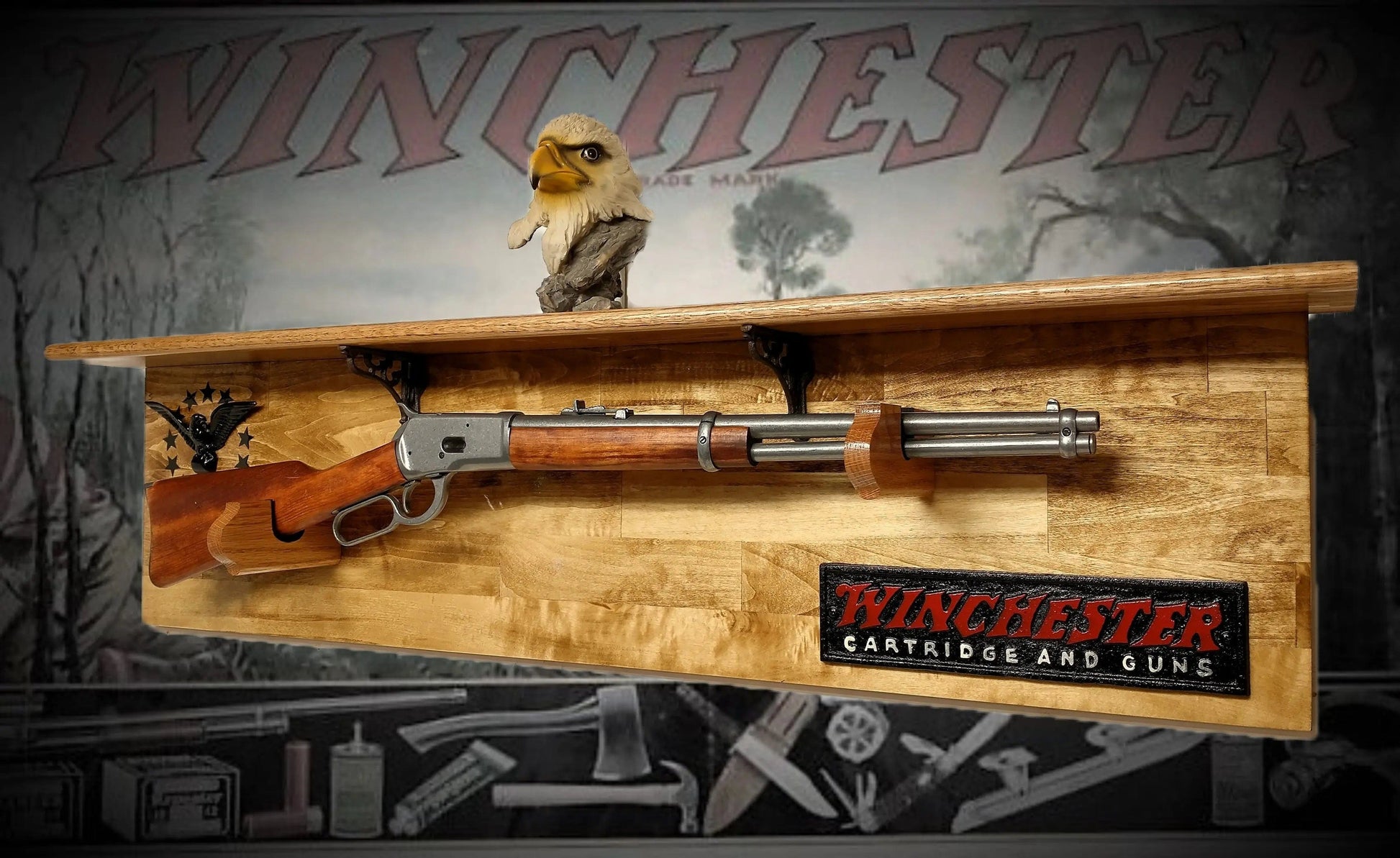 Walker Wood Gifts Gun Display Traditional 13 Star Eagle Winchester Aspen Lever Action Rifle Shelf Wall Display gift