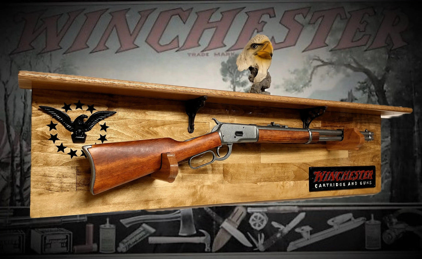 Walker Wood Gifts Gun Display Traditional 13 Star Eagle Winchester Aspen Lever Action Rifle Shelf Wall Display gift