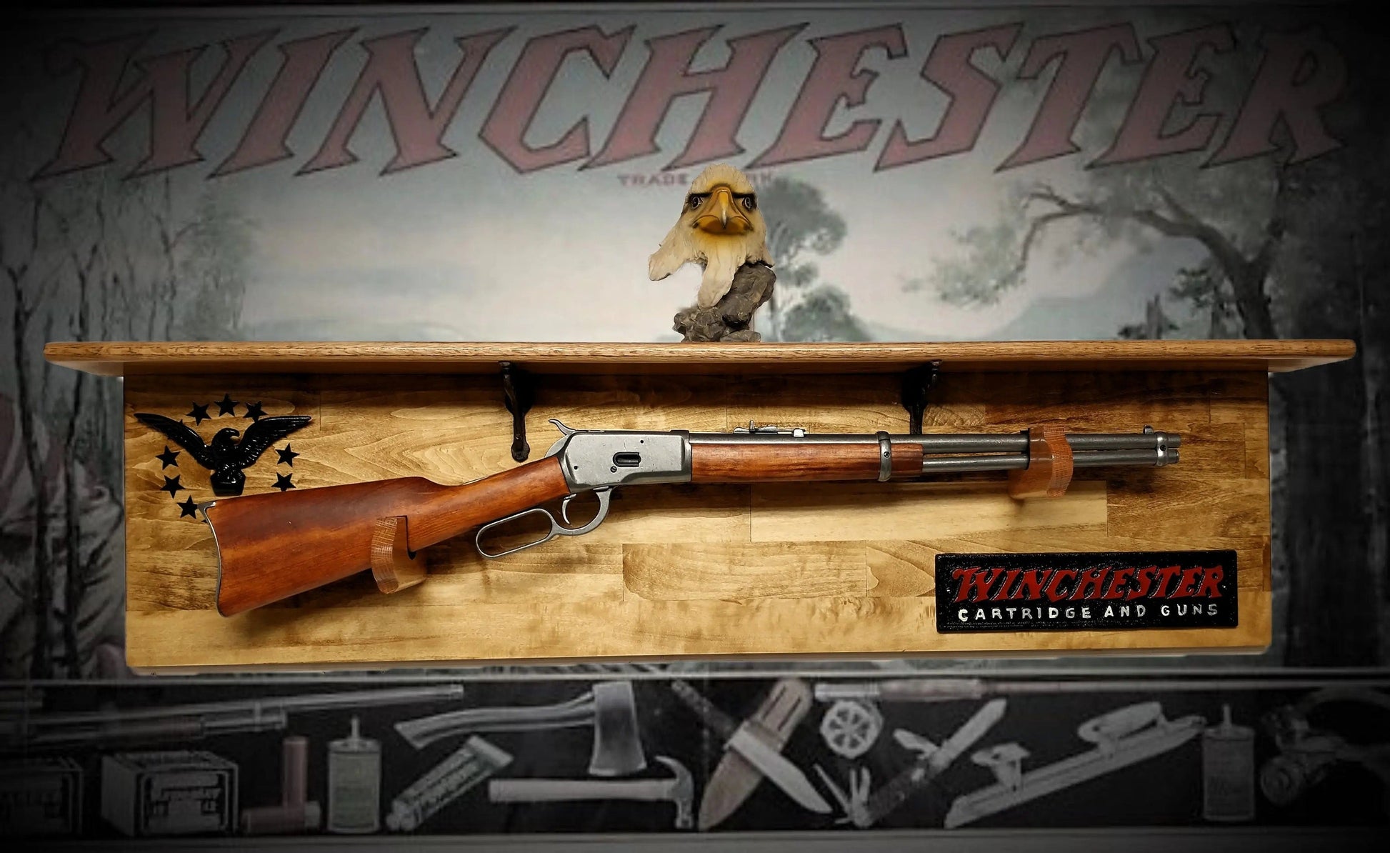 Walker Wood Gifts Gun Display Traditional 13 Star Eagle Winchester Aspen Lever Action Rifle Shelf Wall Display gift