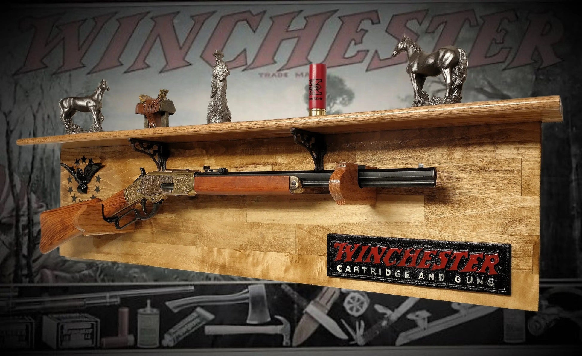 Walker Wood Gifts Gun Display Traditional 13 Star Eagle Winchester Aspen Lever Action Rifle Shelf Wall Display gift