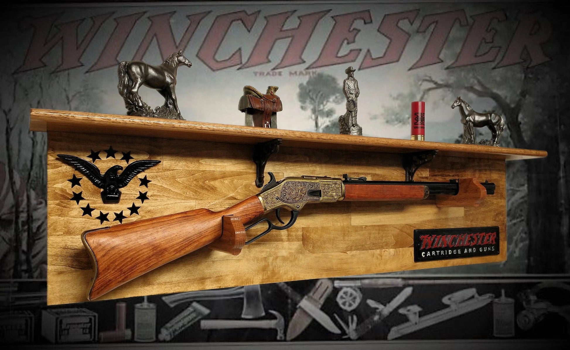 Walker Wood Gifts Gun Display Traditional 13 Star Eagle Winchester Aspen Lever Action Rifle Shelf Wall Display gift