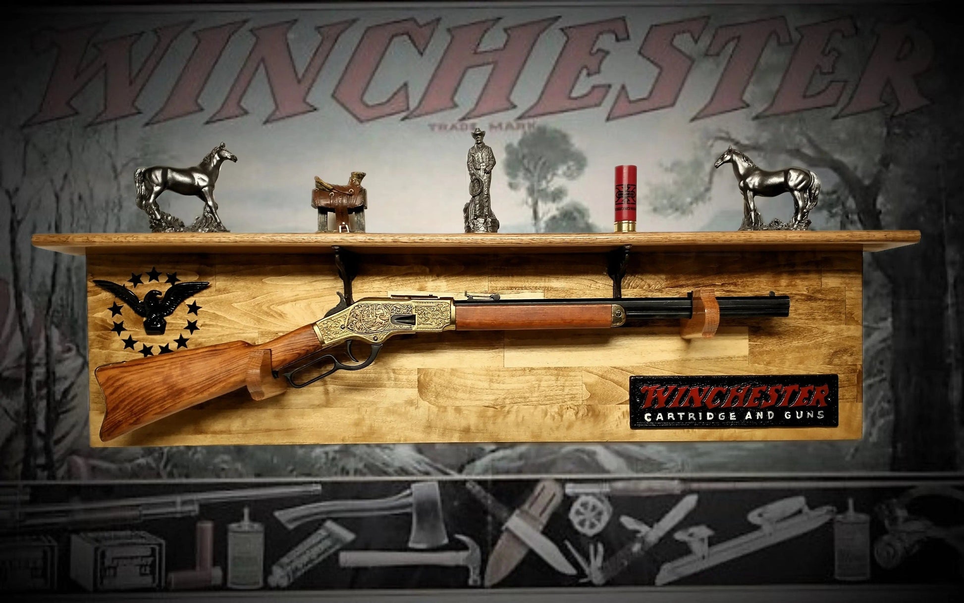 Walker Wood Gifts Gun Display Traditional 13 Star Eagle Winchester Aspen Lever Action Rifle Shelf Wall Display gift